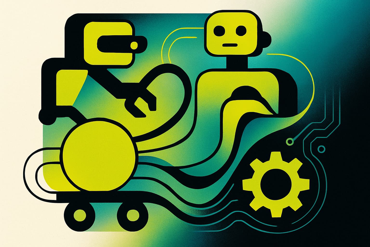 An abstract representation of robots and logistics featuring geometric shapes and flowing lines, set against a gradient background of tech-inspired colors.