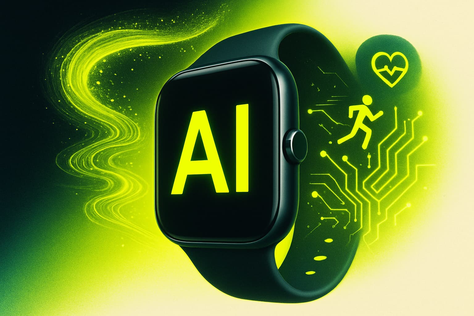 A futuristic smartwatch surrounded by abstract representations of AI elements and health icons, set against a vibrant gradient background.