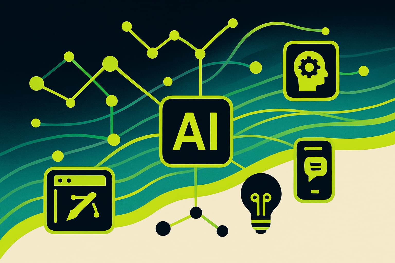 An abstract digital landscape representing AI integration with interconnected nodes and flowing data lines, symbolizing empowerment through technology.