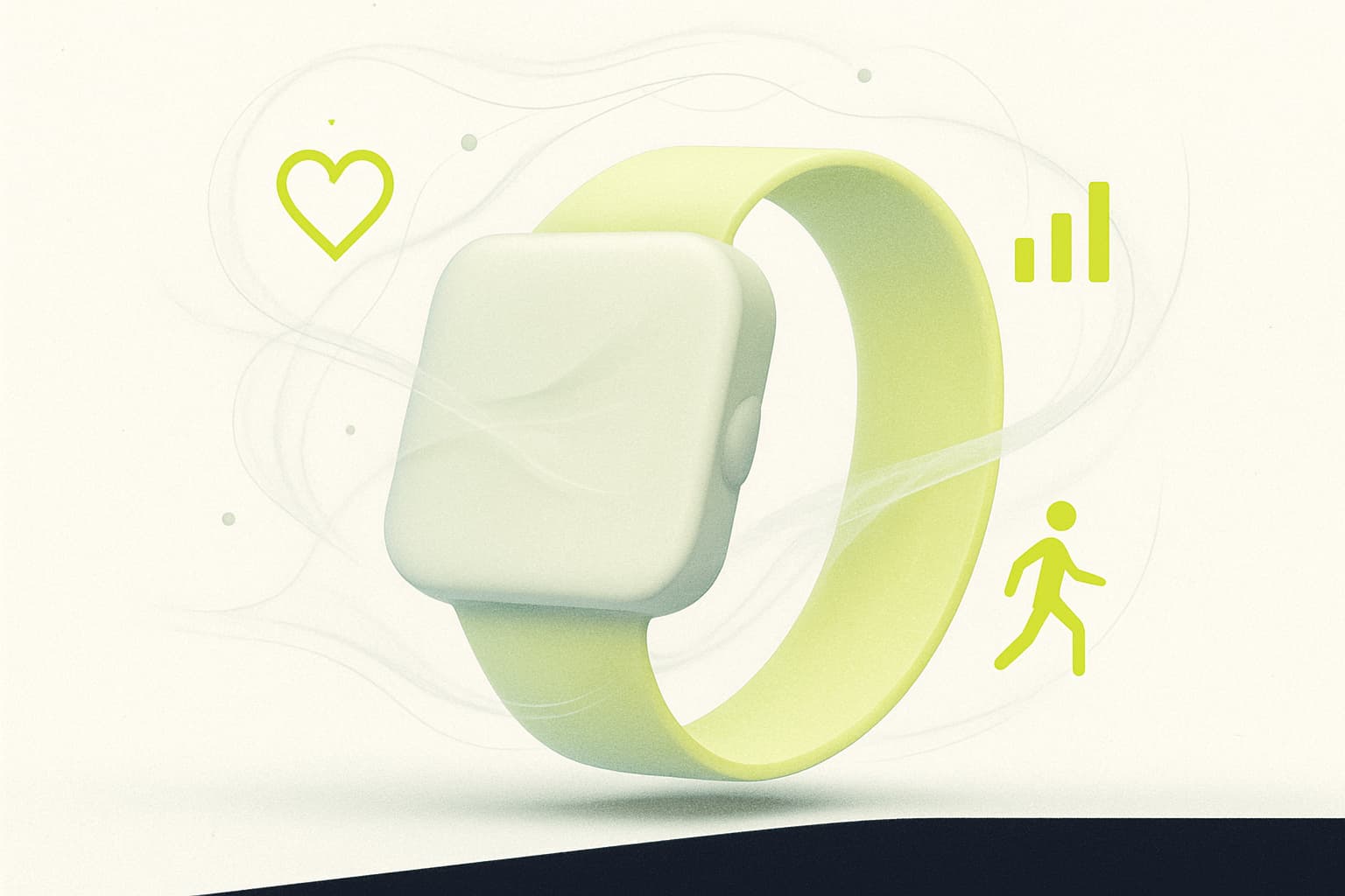 An abstract representation of a screenless health tracker surrounded by flowing shapes and light, symbolizing simplicity and essential health metrics.