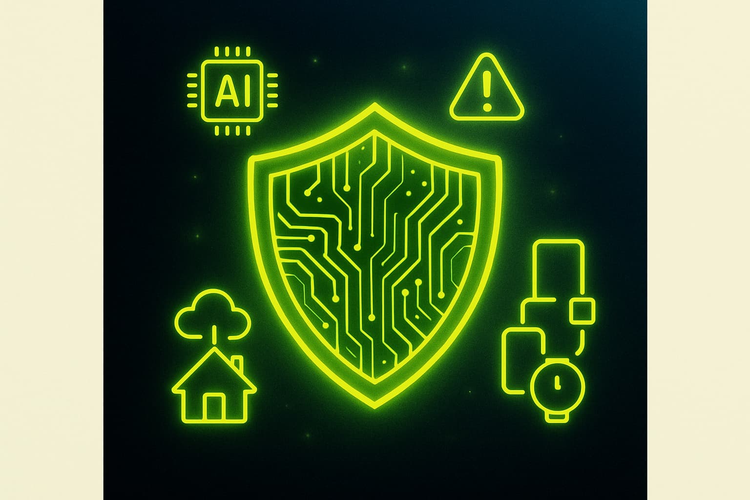 An abstract digital shield surrounded by holographic icons representing AI technology and personal safety, set against a dark gradient background.