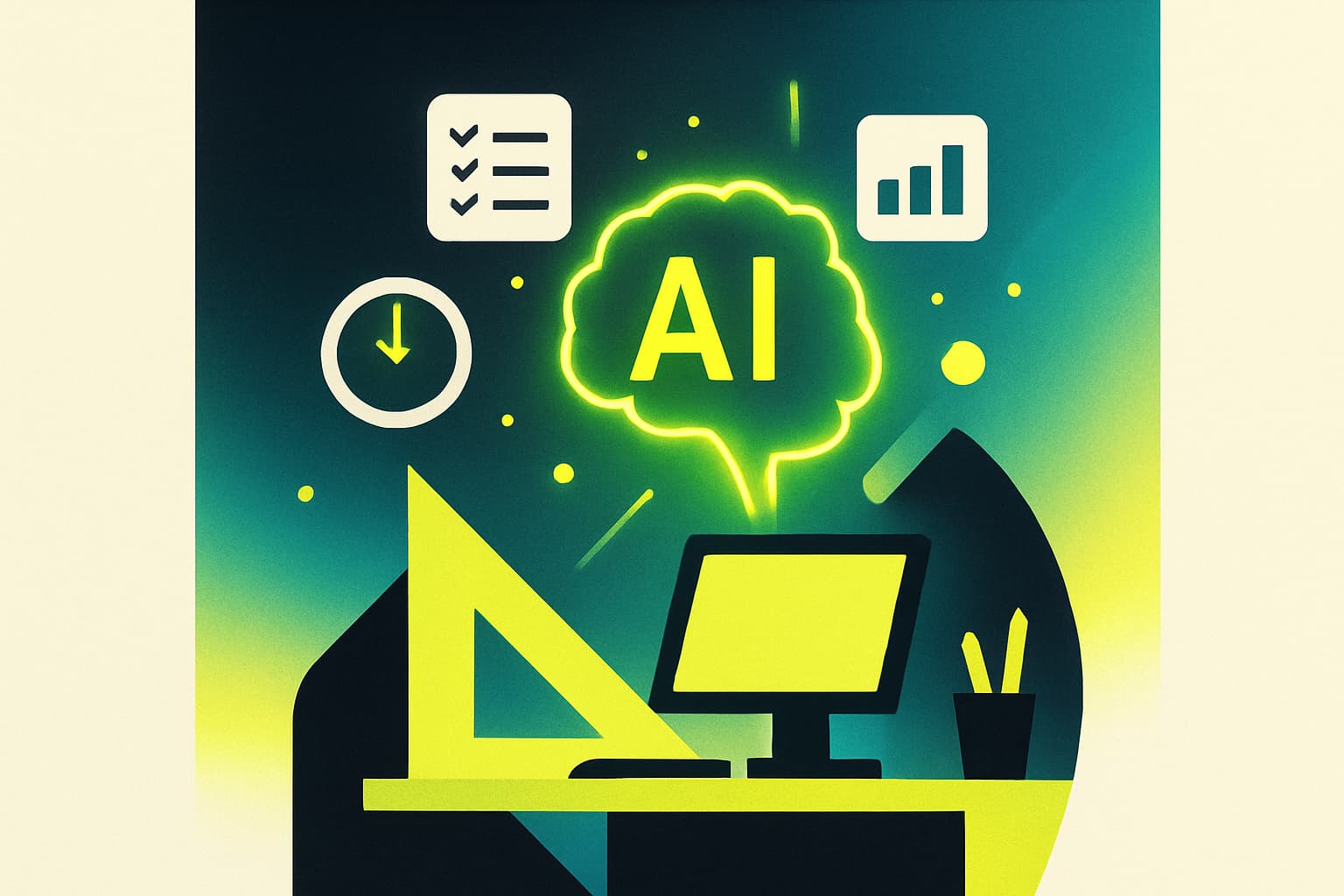An abstract illustration of a futuristic workspace with a glowing AI interface and geometric shapes, symbolizing productivity and automation.