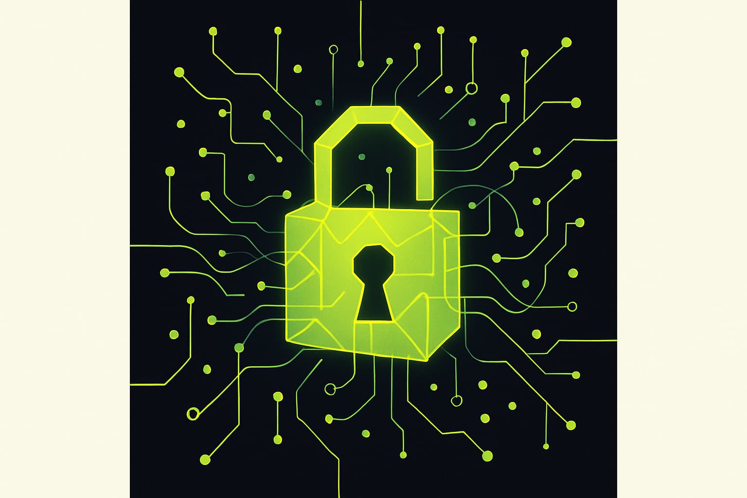 An abstract digital lock surrounded by interconnected nodes, representing AI security in a tech-focused environment.