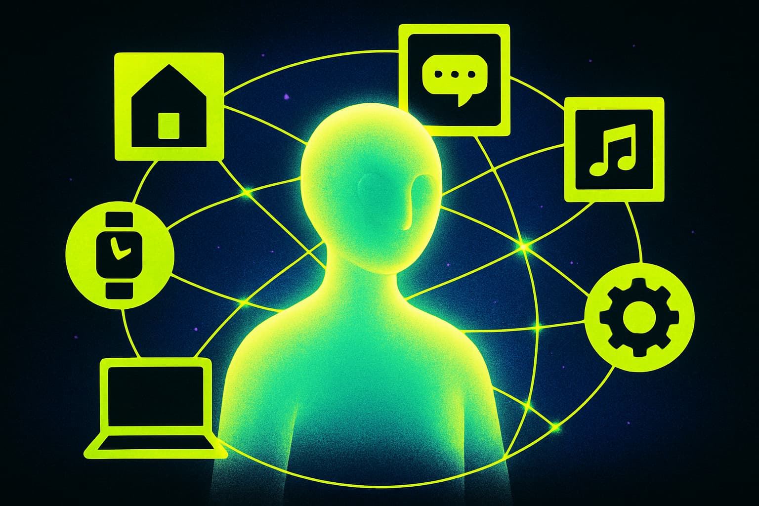 An abstract humanoid figure representing an AI agent, surrounded by geometric shapes of smart devices, interconnected by glowing lines on a gradient blue and purple background.