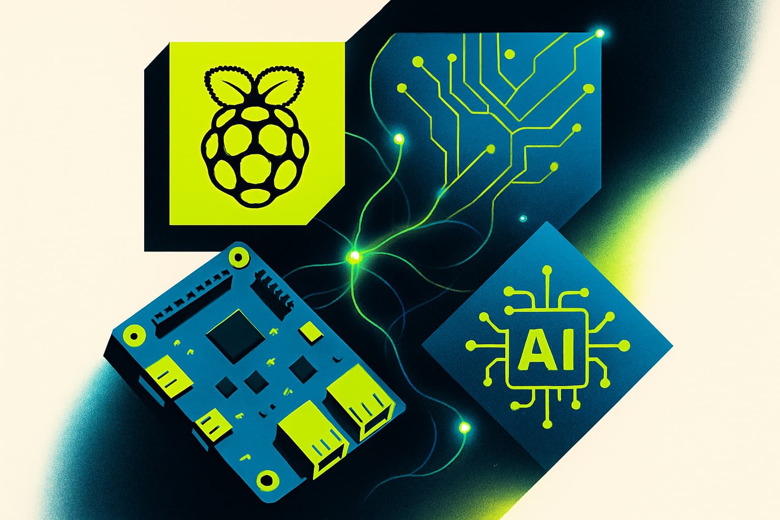 An abstract collage representing Raspberry Pi and AI integration with geometric shapes and vibrant colors, symbolizing a smarter future.
