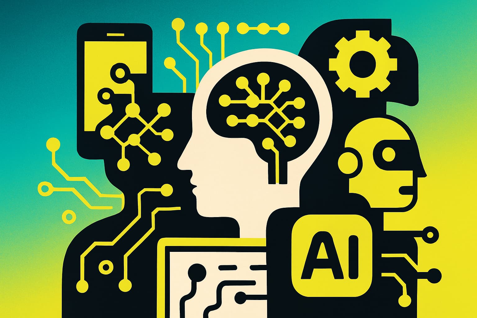 Abstract representation of AI and technology with circuit patterns and robotic elements in a gradient of blue and green.