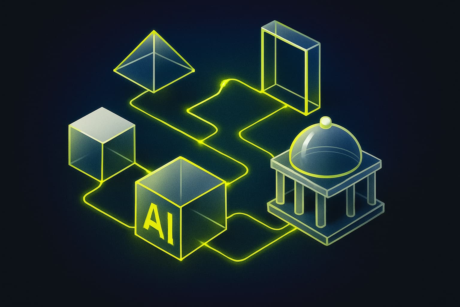 An abstract digital ecosystem with interconnected geometric shapes and glowing lines, set against a gradient background of deep blues and purples.