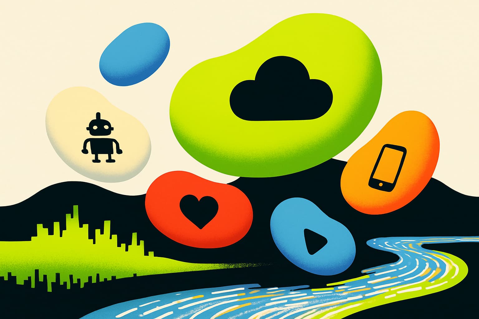 A surreal landscape featuring oversized, colorful cartoon beans decorated with icons of digital life, floating above an abstract terrain of pixelated grass and flowing data streams.