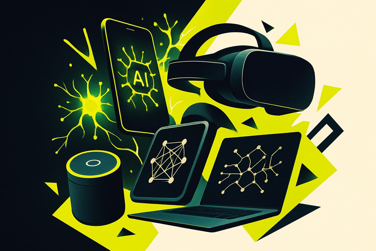 An abstract visual of futuristic gadgets intertwined with glowing neural network patterns, set against a vibrant background of colors and geometric shapes.
